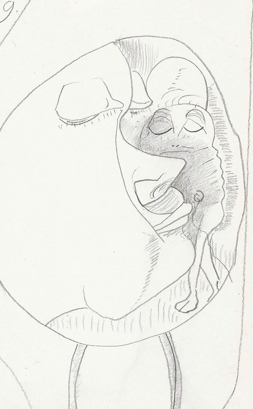 Samuel Jessurun de Mesquita - Ovaal met een kop in profiel naar rechts, twee benen en een kop met gesloten ogen