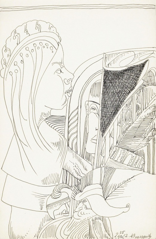 Samuel Jessurun de Mesquita - Figuur met lang haar en een kroon op het hoofd in profiel naar rechts