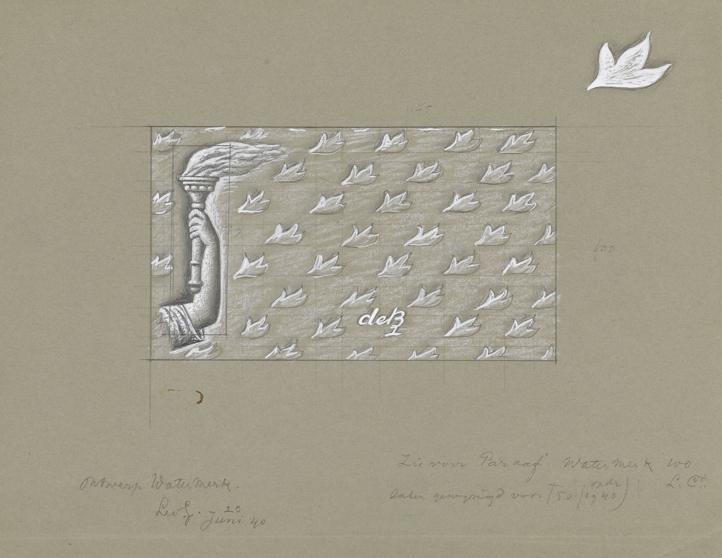 Leo Gestel - Ontwerp voor een watermerk van een bankbiljet; een hand met fakkel, op een achtergrond van bladeren