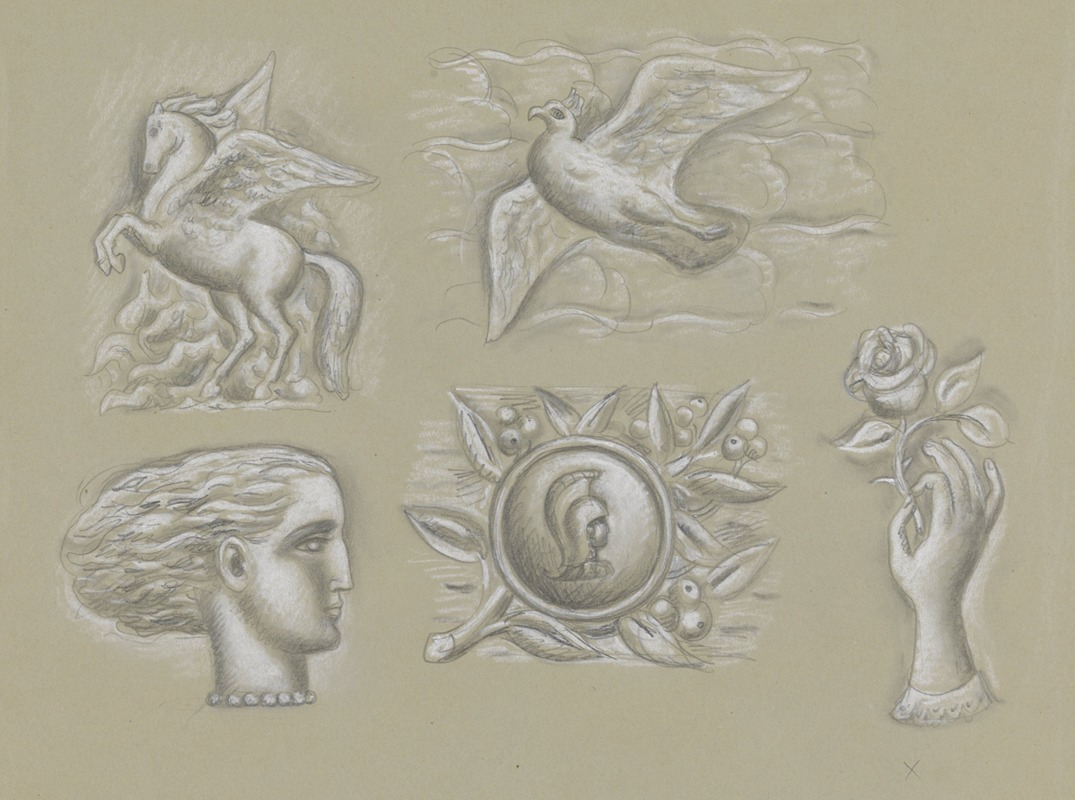 Leo Gestel - Ontwerpen voor een watermerk van een bankbiljet; Pegasus, duif, vrouwenhoofd, wapen en hand met roos