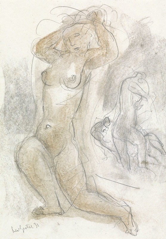 Leo Gestel - Naakte vrouw met de handen in het haar, op de achtergrond een andere naakte figuur