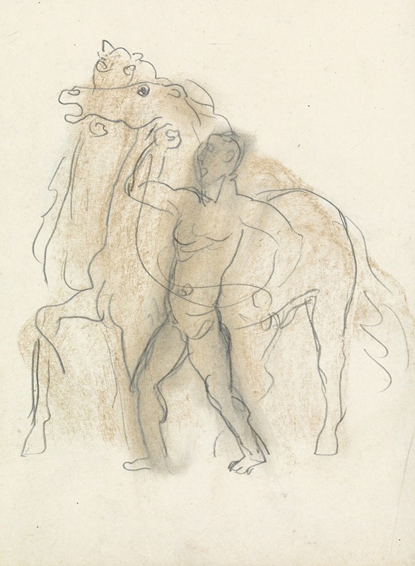 Leo Gestel - Schetsblad met man, die twee paarden in bedwang houdt