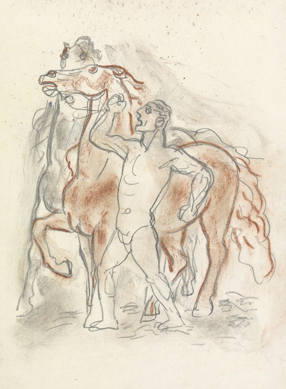 Leo Gestel - Schetsblad met naakte man, die twee paarden in bedwang houdt