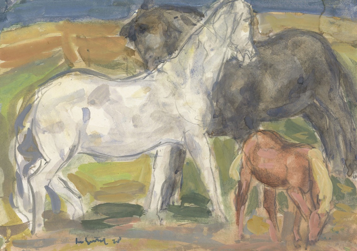 Leo Gestel - Drie paarden in een landschap