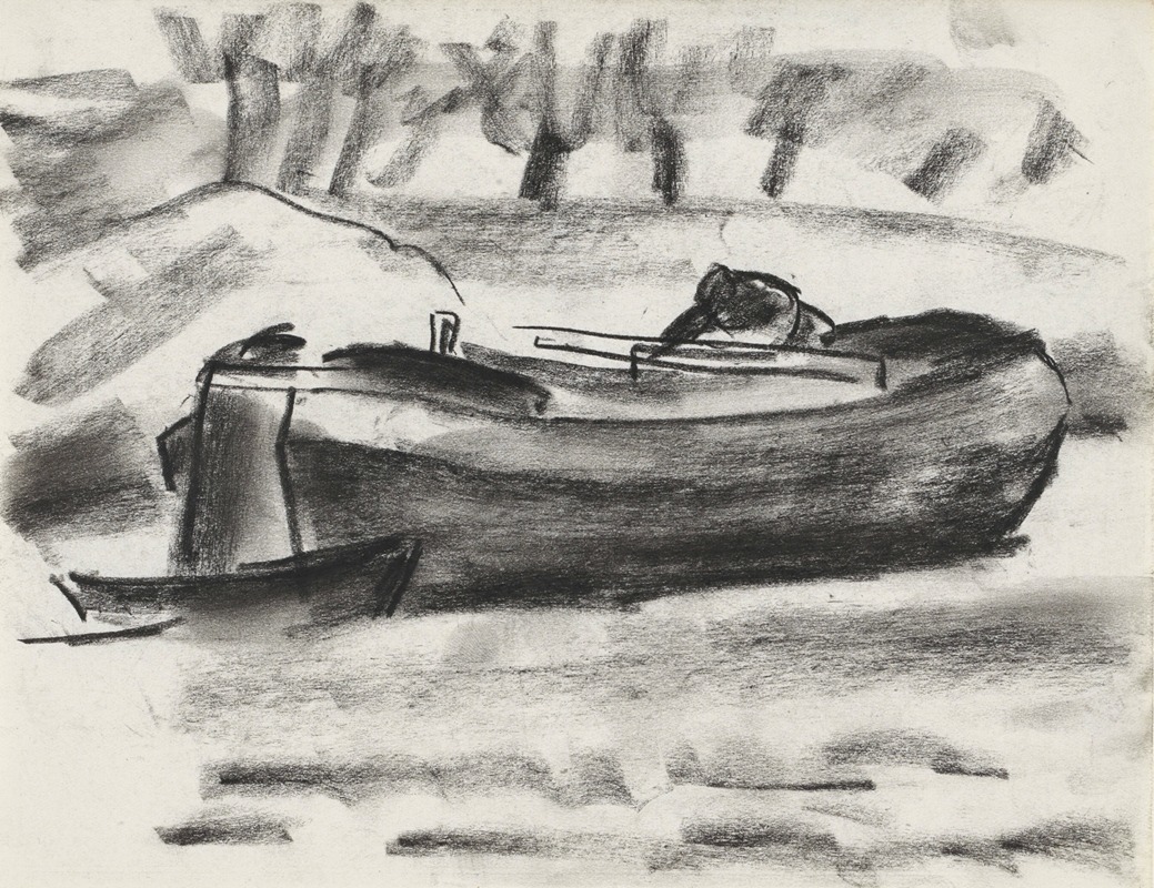 Leo Gestel - Schetsblad met een schip met een man aan boord