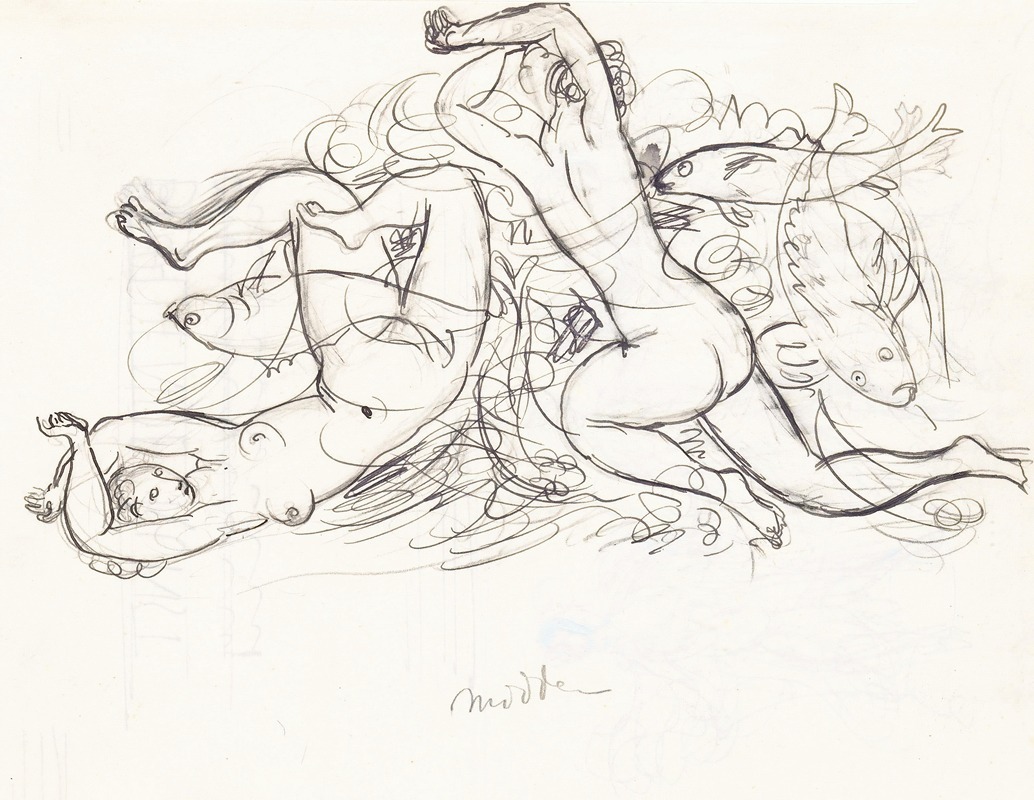 Leo Gestel - Schetsblad met naakt zwemmende vrouwen en vissen
