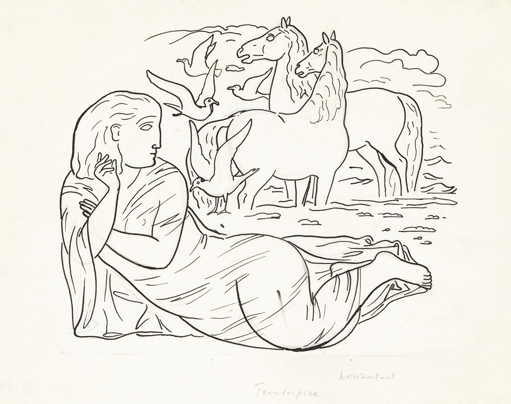 Leo Gestel - Schetsblad met vrouw liggend aan het strand met twee paarden en enkele zeemeeuwen