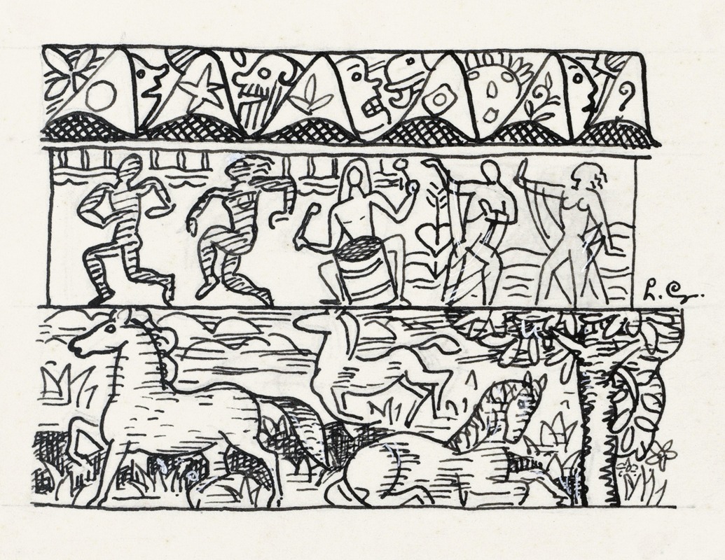 Leo Gestel - Blad met drie stroken afbeeldingen; paarden, dansende mensen en maskers