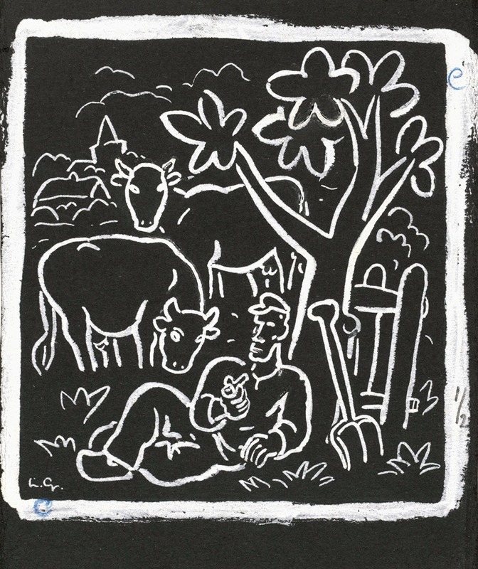Leo Gestel - Boer rustend onder een boom in een weiland met koeien