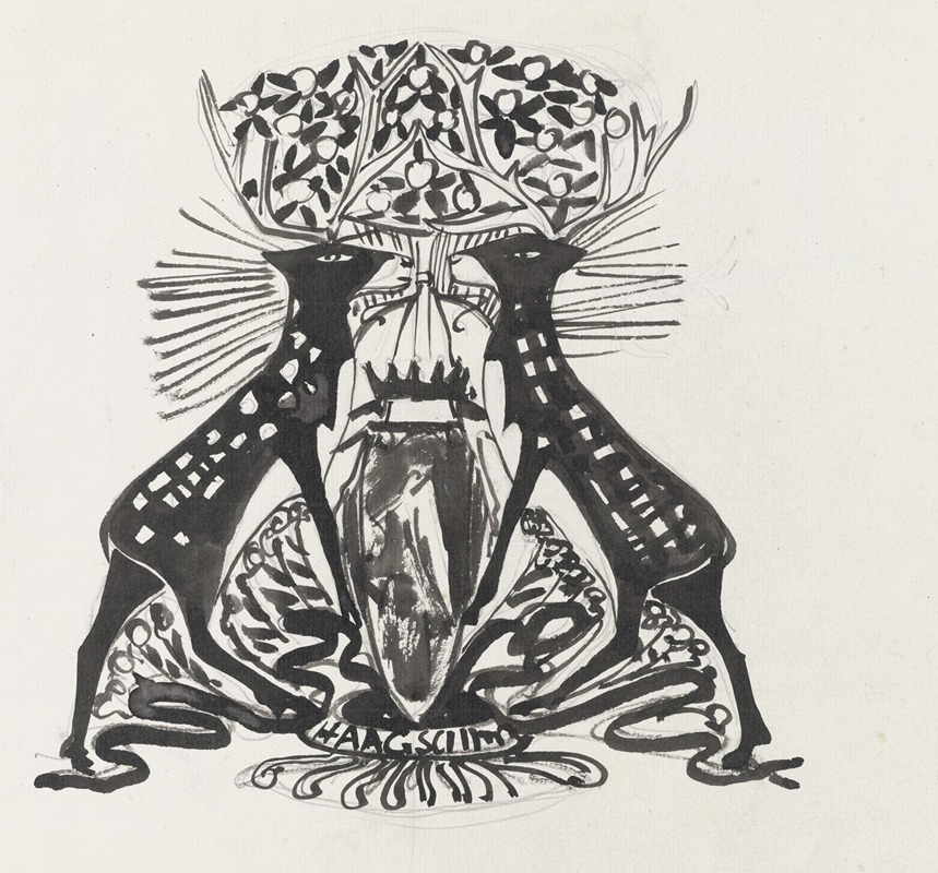 Carel Adolph Lion Cachet - Decoratief ontwerp met twee staande herten
