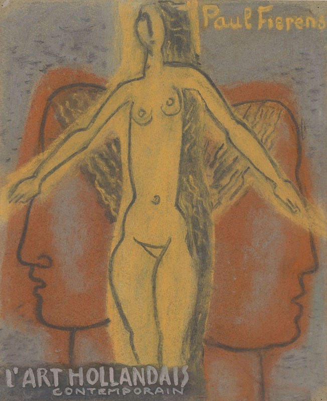 Leo Gestel - Ontwerp voor Paul Fierens ‘l’Art Hollandais contemporain’; naakte vrouw tussen twee van elkaar weg kijkende mannen hoofden.