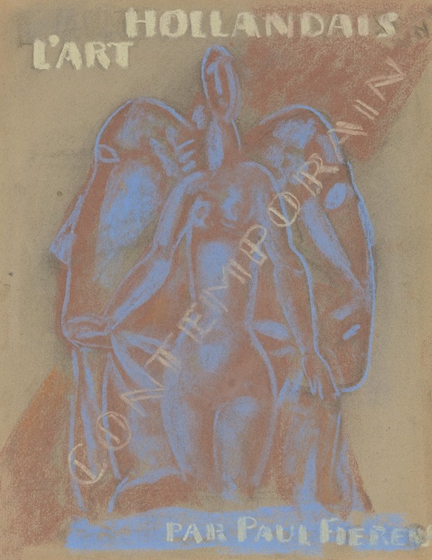 Leo Gestel - Ontwerp voor Paul Fierens ‘l’Art Hollandais contemporain’; naakte vrouw tussen twee van elkaar weg kijkende mannen hoofden.