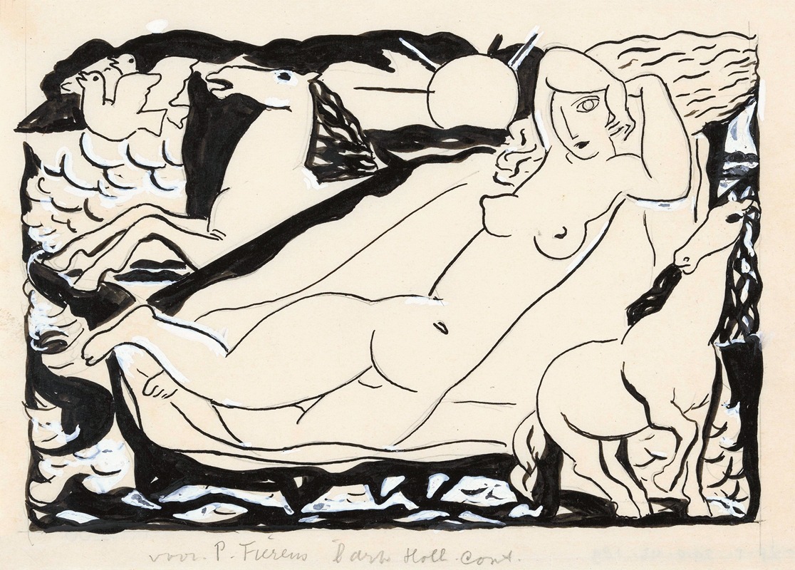Leo Gestel - Venus Vignet voor boek ‘L’art Hollandais contemporain’ van Paul Fierens; liggend naakt met daarbij afgebeeld twee paarden en twee duiven