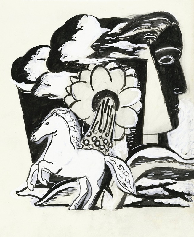 Leo Gestel - Steigerend paard, bloem en kop (schets)