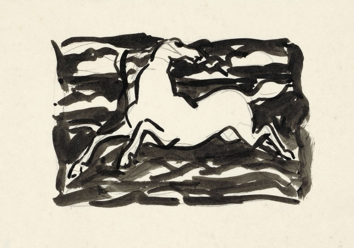 Leo Gestel - Springend paard met het hoofd naar achteren gedraaid in een kader met op de achtergrond golven.