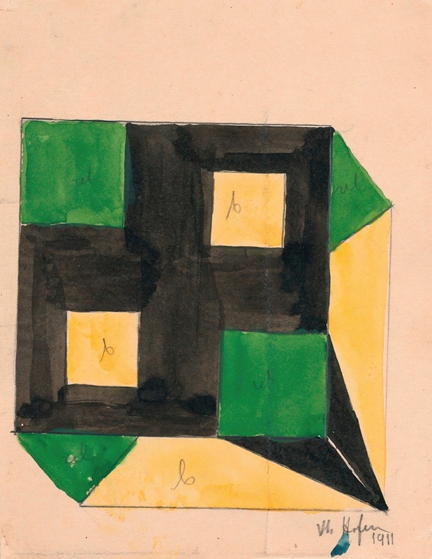 Anonymous - Design for Tablecloth with Green and Yellow Squares on Black Ground