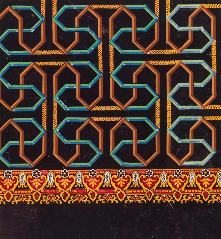 Anonymous - Geometric maze-like patterns in brown, blue, green, and yellow on black ground