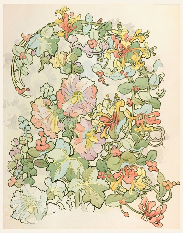 Anonymous - Textile Design- Honeysuckle and Hollyhocks