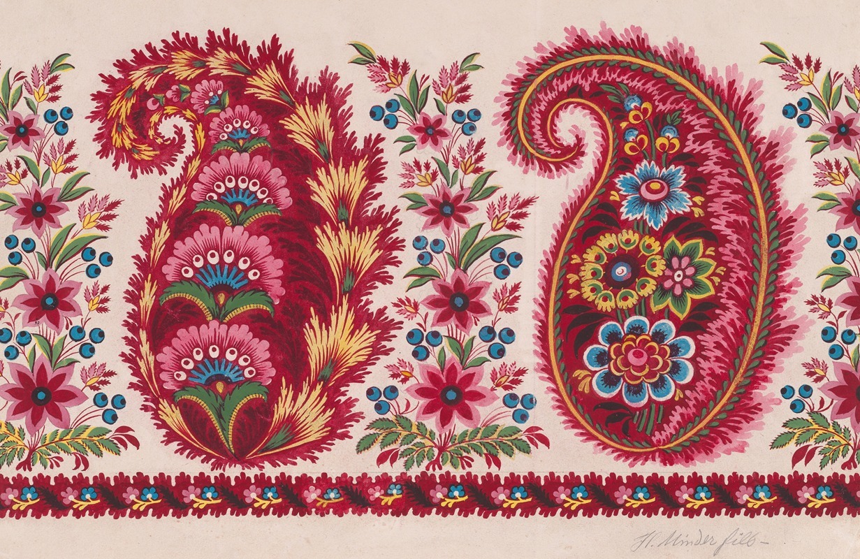 Anonymous - Textile Design with Paisley Motifs and Garlands of Berry Sprays and Stylized Flowers