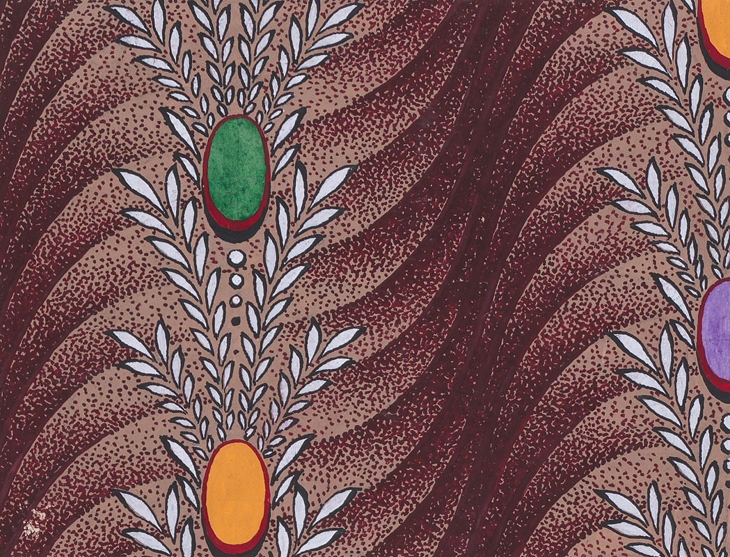 Anonymous - Textile Design with Vertical Garlands of Stylized Leaves, Pearls and Ovals over a Background of Overlapping Scales
