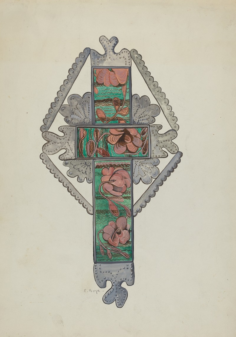 E. Boyd - Tin and Painted Glass Cross, Church or Home Use