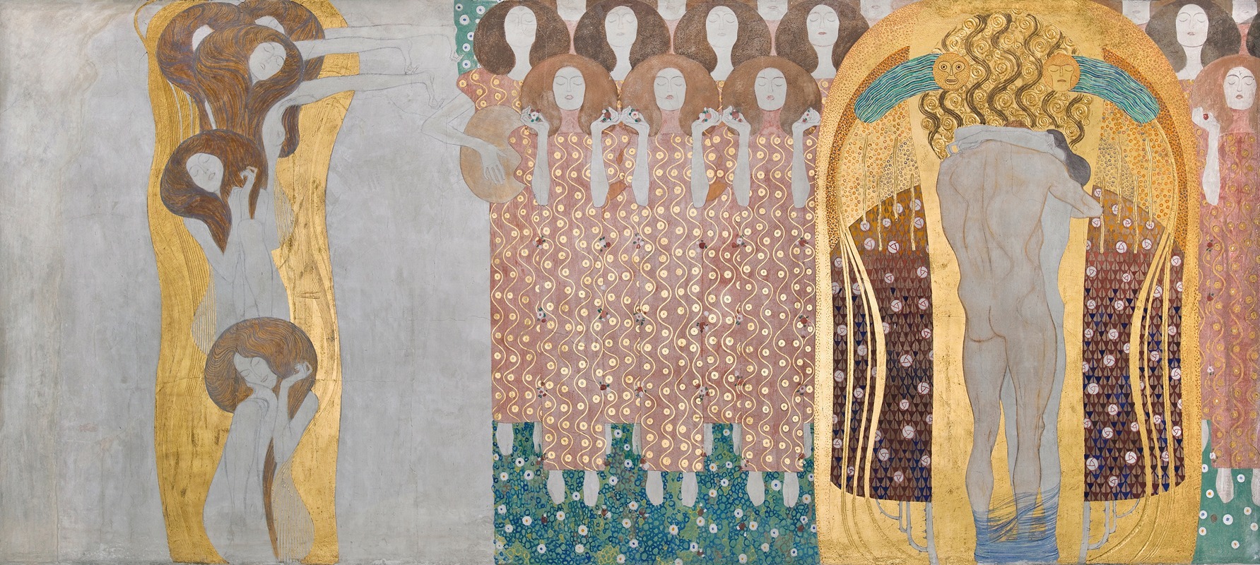 Gustav Klimt - Beethovenfries; ‘Die Künste’, ‘Paradieschor’ und ‘Umarmung’ (Tafel 8, rechte Langwand)