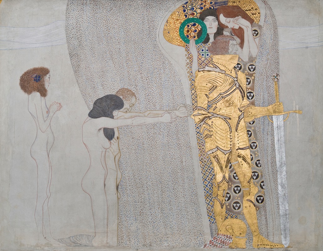 Gustav Klimt - Beethovenfries; ‘Die Leiden der schwachen Menschheit’ und ‘Der wohlgerüstete Starke’ (Tafel 3, linke Langwand)