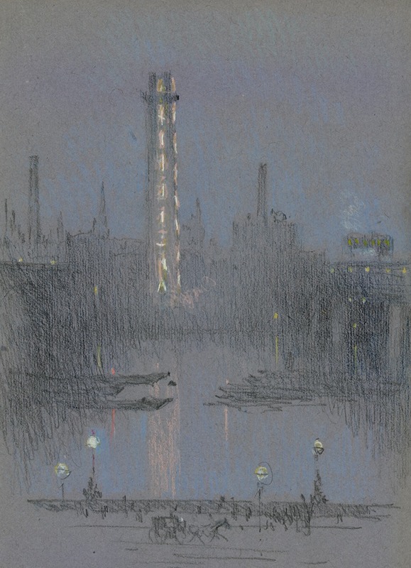 Joseph Pennell - Shot Tower with night lights, from Embankment