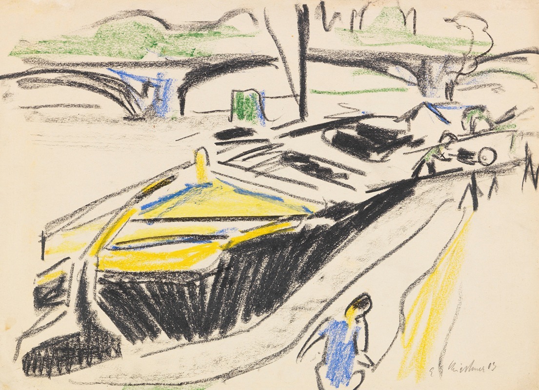 Ernst Ludwig Kirchner - Schleppkahn am Elbufer im Hintergrund die Carolabrücke