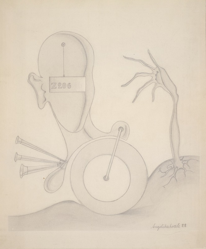 Angelika Hoerle - Head with Sign, Hand, Wheel, and Auto Horn