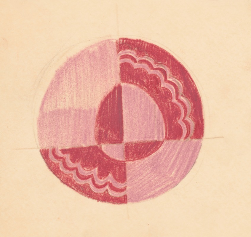 Winold Reiss - Miscellaneous small sketches for inlaid table tops.] [Design with red and pink circular motif