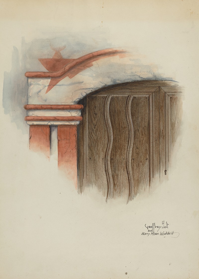 Geoffrey Holt and Harry Mann Waddell - Restoration Drawing – Detail of Arch, Main Doorway, and Door , Mission-House