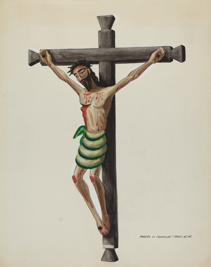 Majel G. Claflin - Cristo, Carved and Painted, on Black Carved Wooden Cross