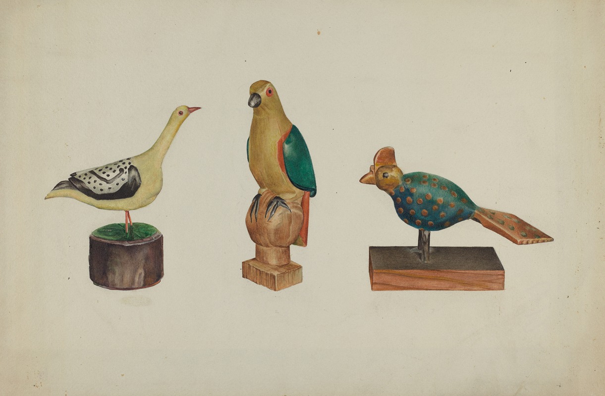 Victor F. Muollo - Pa. German Three Carved and Painted Birds