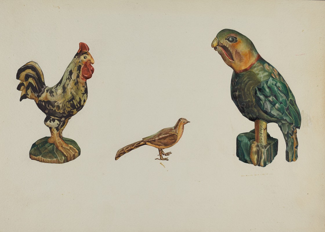 Victor F. Muollo - Wooden Rooster, Pheasant, and Parrot