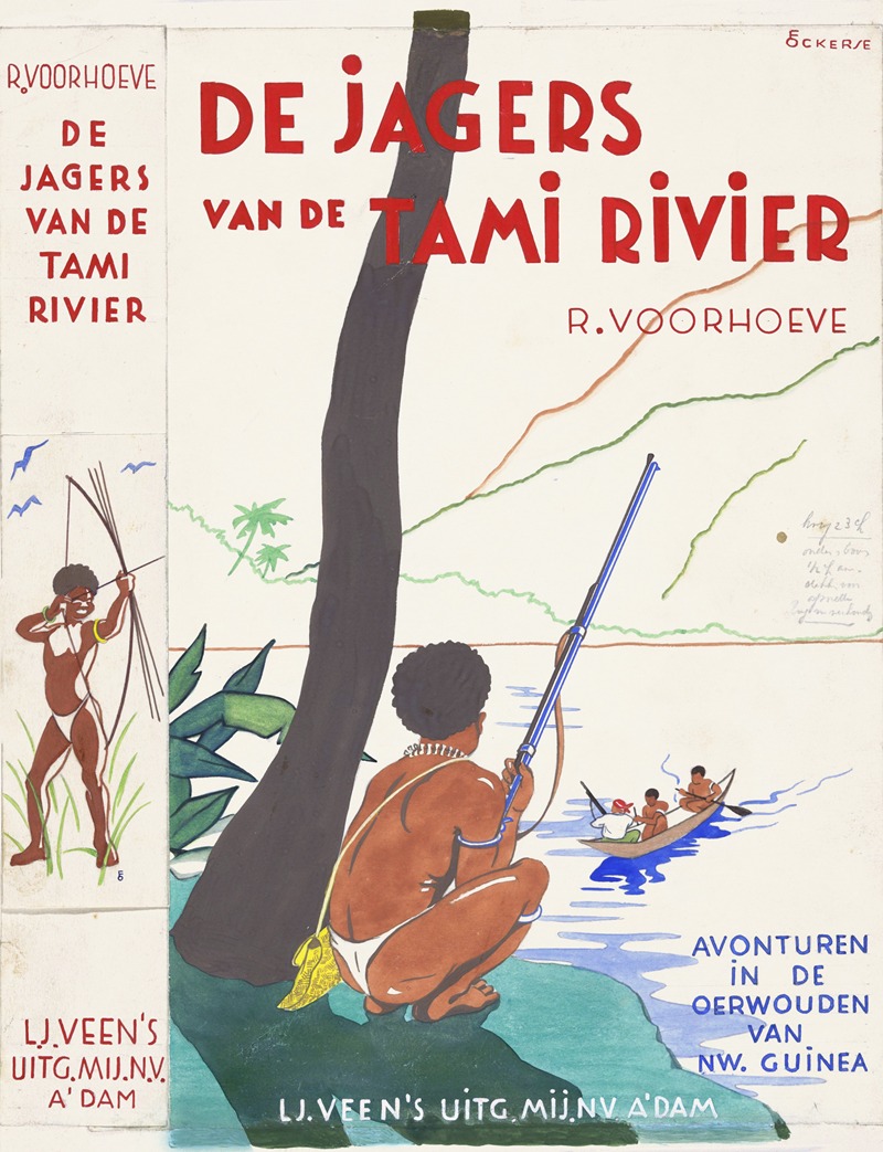 F. Ockerse - Bandontwerp voor; Rudolf Voorhoeve, De jagers van de Tamirivier; Avonturen in de oerwouden van Nieuw-Guinea, 1936