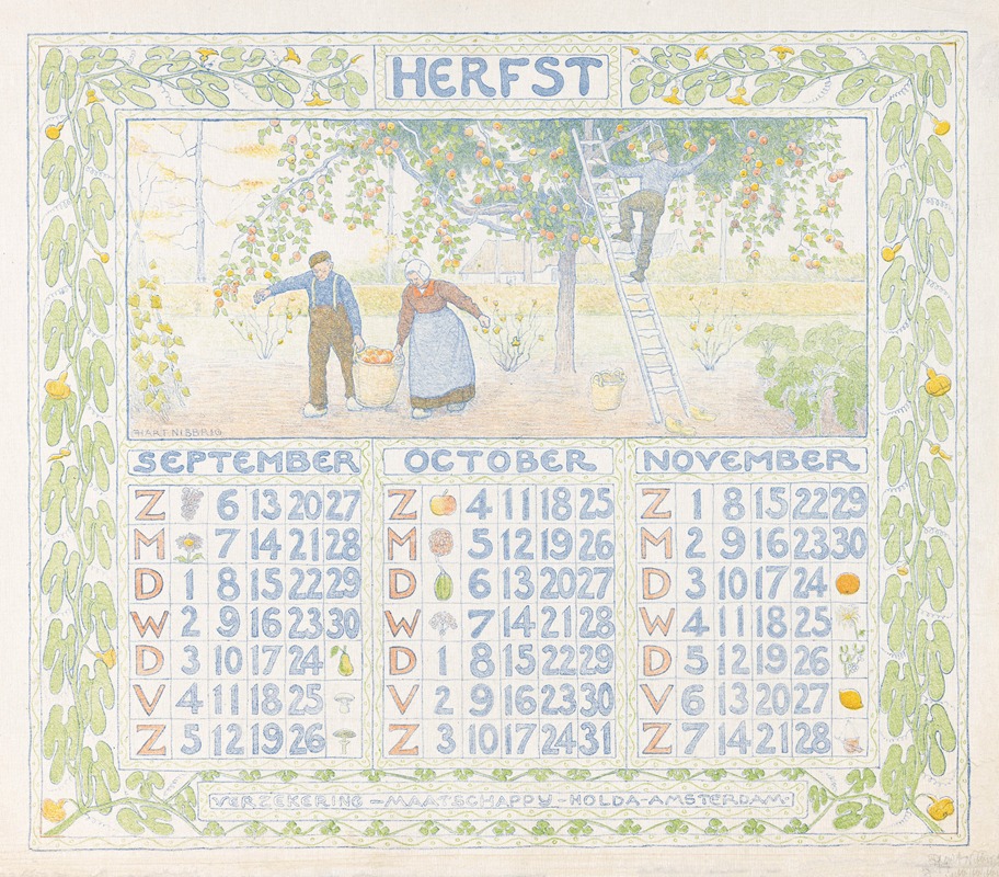 Ferdinand Hart Nibbrig - Kalenderblad voor herfst 1904 van de Verzekering-Maatschappij Holda in Amsterdam