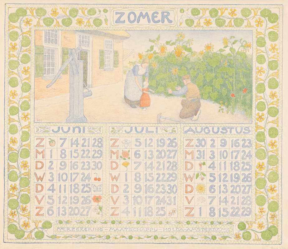 Ferdinand Hart Nibbrig - Kalenderblad voor zomer 1904 van de Verzekering-Maatschappij Holda in Amsterdam