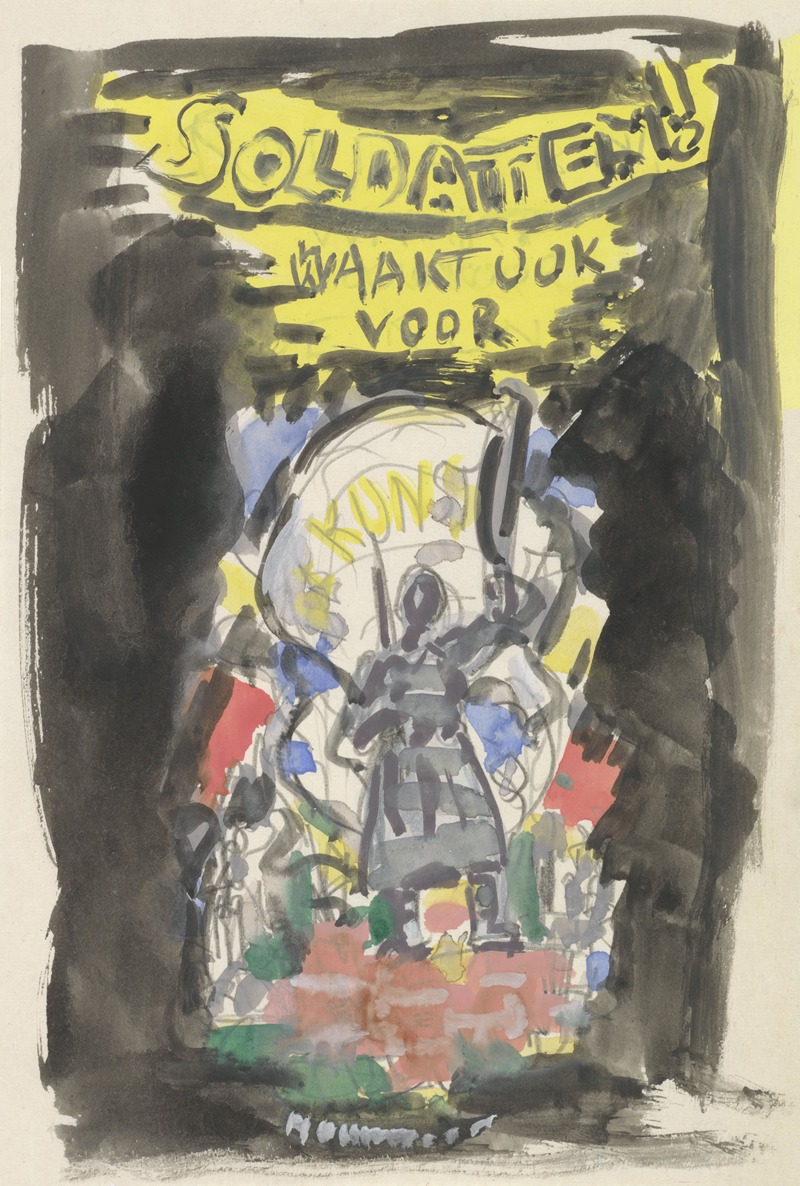 Leo Gestel - Ontwerpschets affiche voor propaganda kunstbescherming in het leger, schets van soldaat frontaal gezien staand op een bakstenen muurtje, erboven de tekst ‘Soldaten ! waakt ook voor Kunst’.