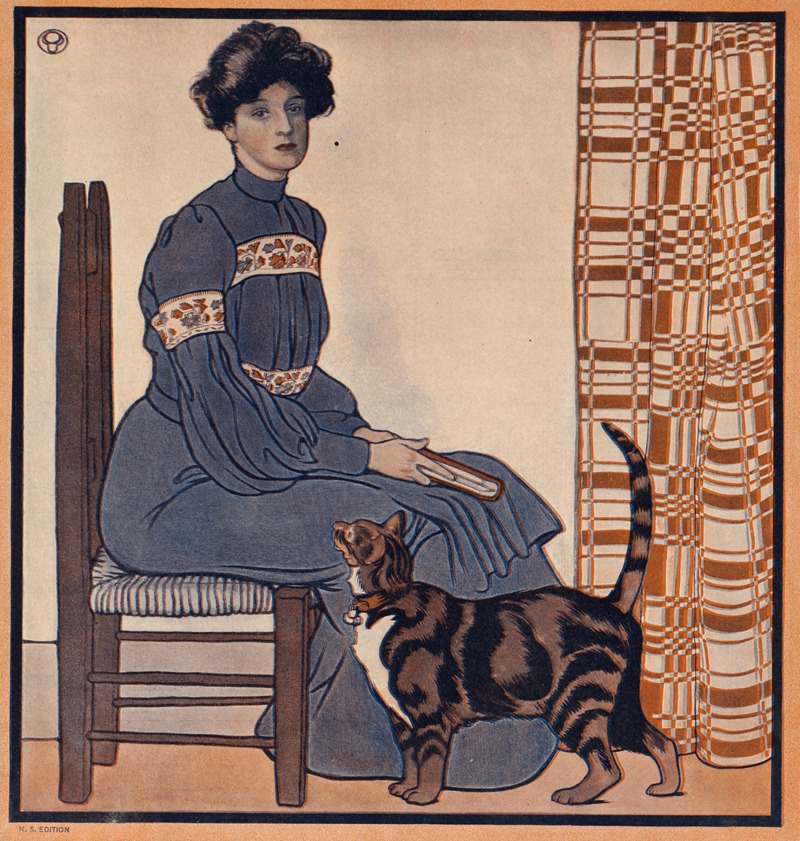 Edward Penfield - Woman sitting on a chair holding a book with a cat looking on.