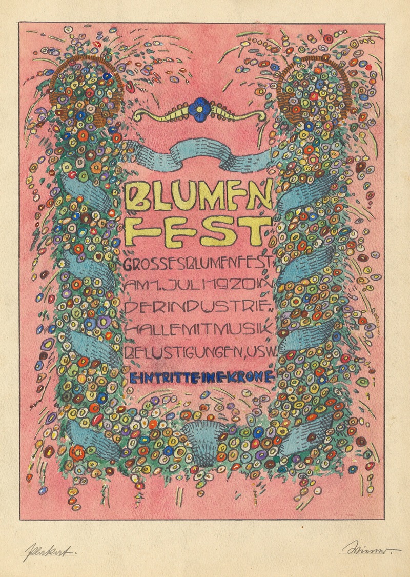 Karl Wiener - Entwürfe Plakat ‘Blumen fest Grosses Blumenfst Am 1. Juli 1920 in Der Industrie halle mit Musik belustigungen, usw. Eintritt eine Krone’