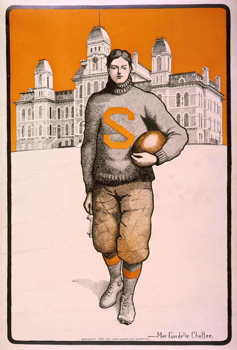 Mae Goodelle Chaffee - Syracuse football player, full-length, standing, facing front, with Syracuse University behind him