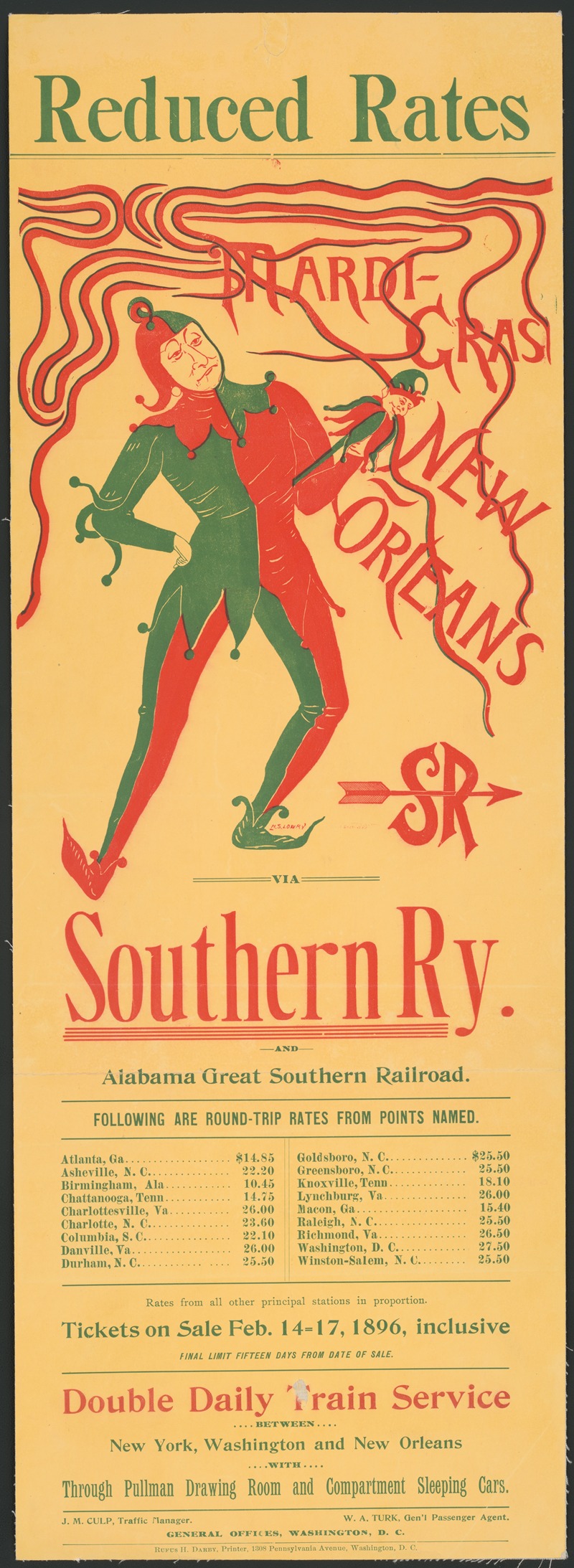 H. Sophie Loury - Reduced rates Mardi-Gras New Orleans via Southern Ry. and Alabama great southern railroad