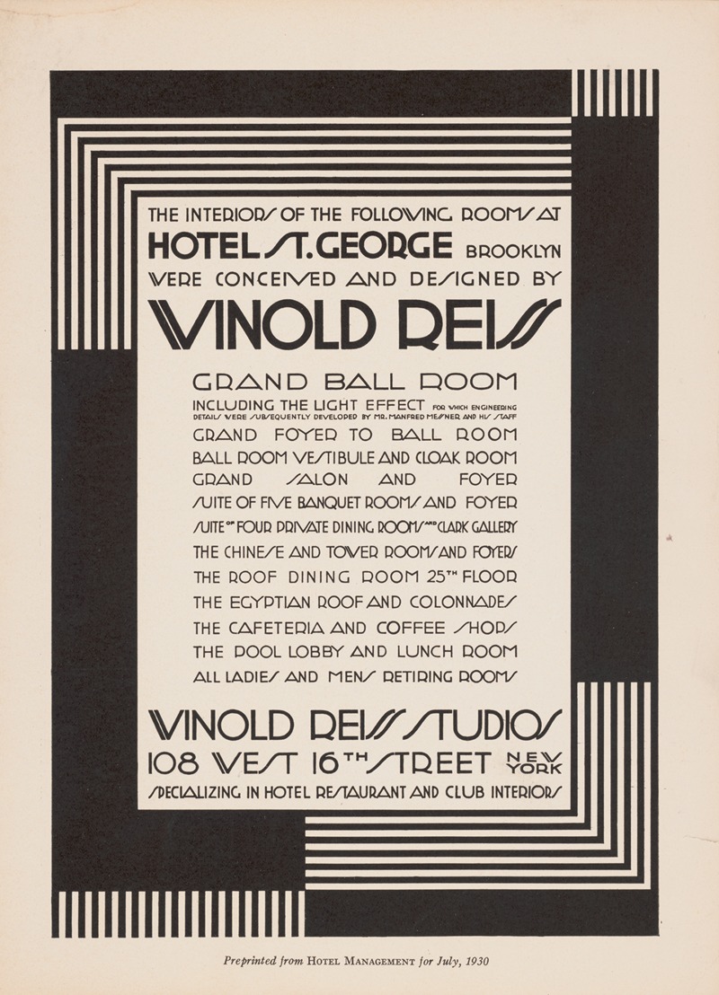 Winold Reiss - Graphic design for St. George Hotel advertisement in Hotel Management Magazine.