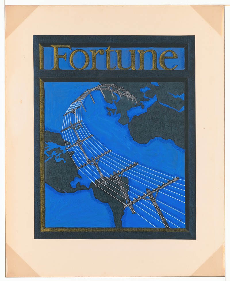 Winold Reiss - Graphic designs for Fortune magazine.] [Study for cover with telephone lines spanning the globe