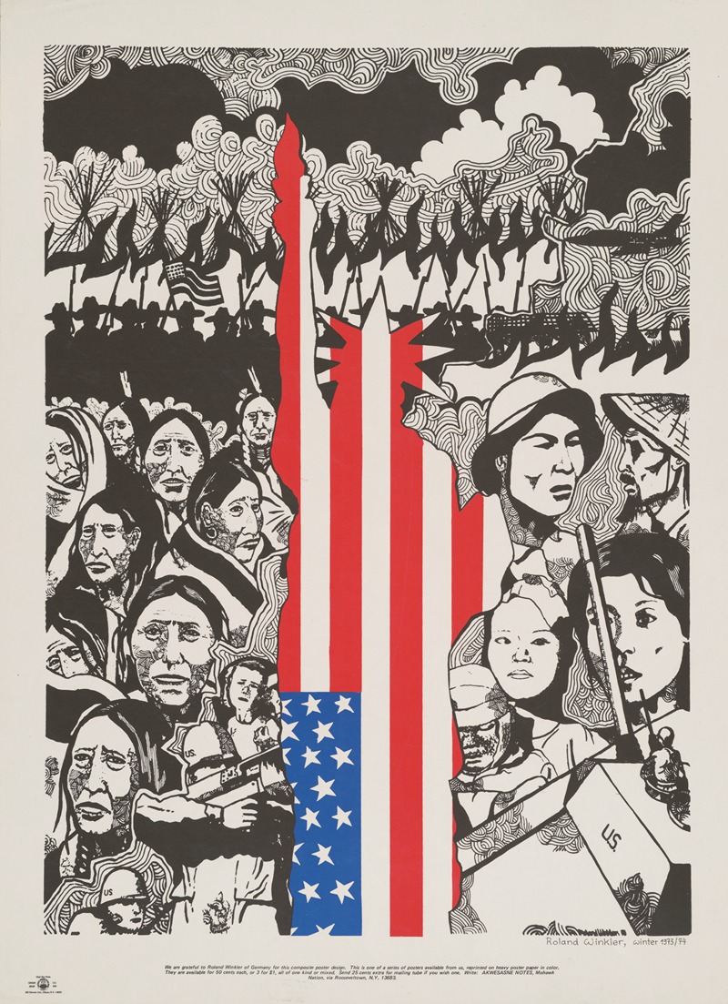 Roland Winkler - Poster showing composite drawing juxtaposing North American Indians with Vietnamese, with flag in shape of Statue of Liberty superimposed