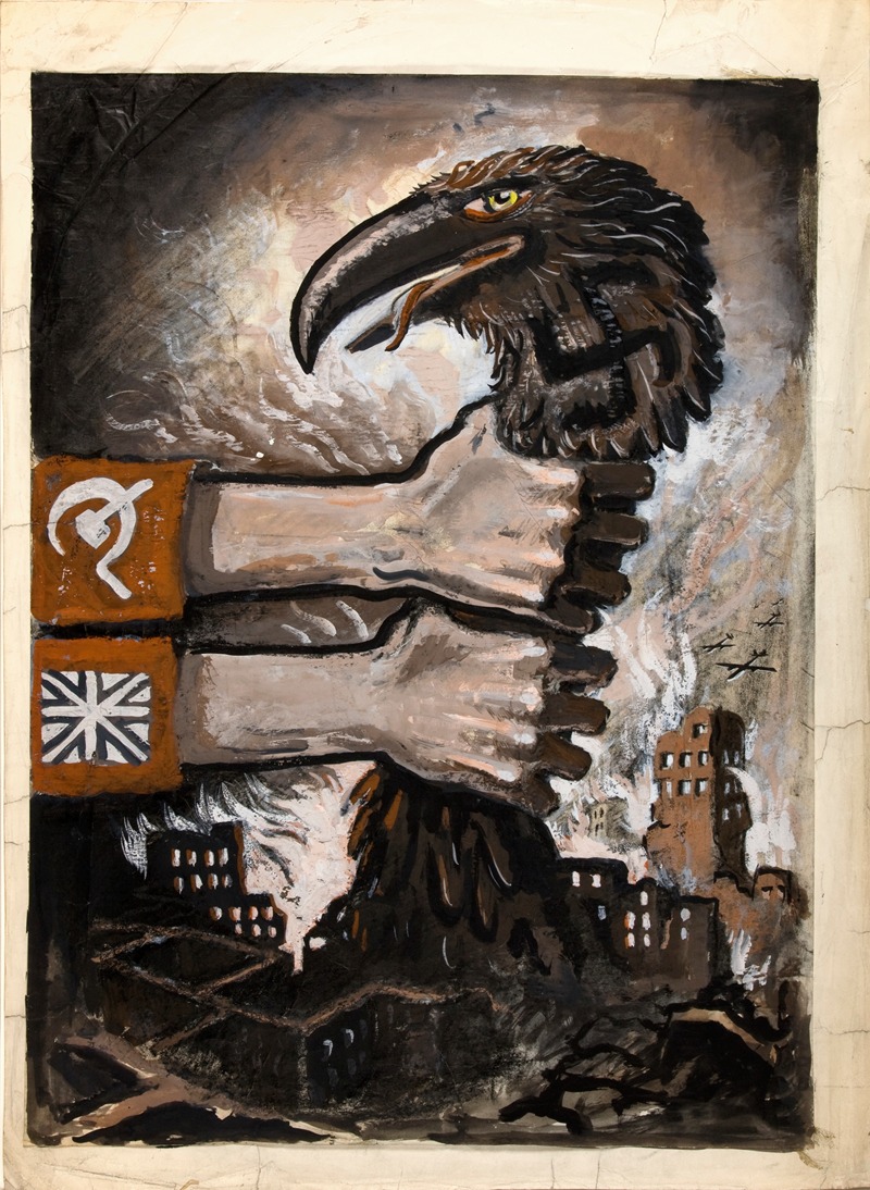 Anonymous - British and Soviet arms grasping neck of predatory bird arising from the ruins of bombed town