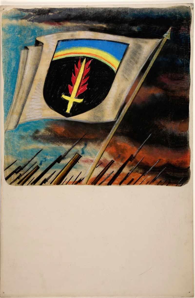 Anonymous - Flag, with flaming sword on shield motif