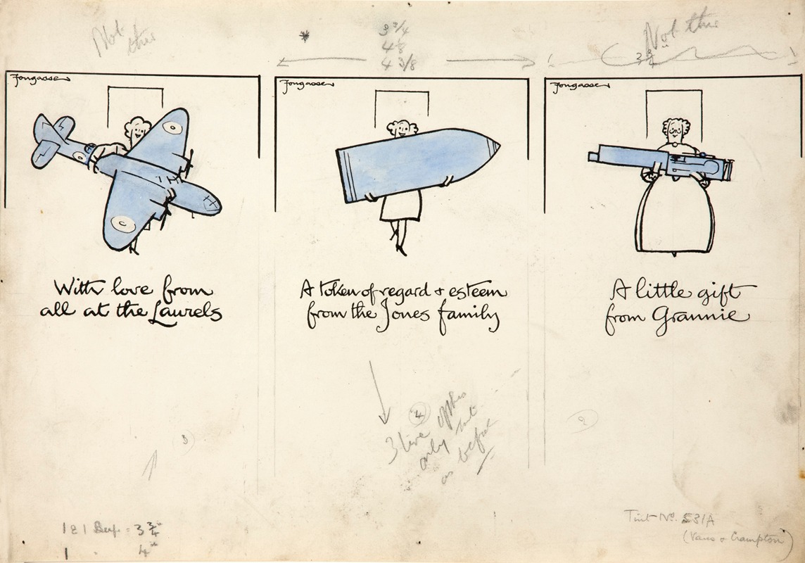 Cyril Kenneth Bird (Fougasse)   - Three cartoon figures of women carrying an aeroplane, a shell and a machine gun