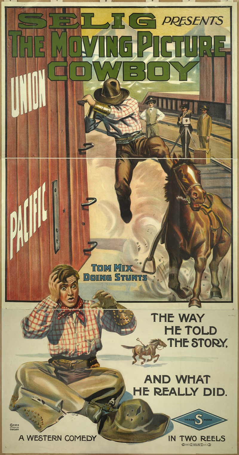 Goes Litho. Co. - The Moving Picture Cowboy Tom Mix doing stunts. The way he told the story, and what he really did.